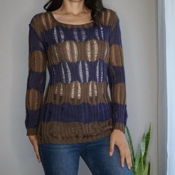 Lumiere Sweaters - Lumiere Brown and Purple Pull Over Open Knit Sweater Size S